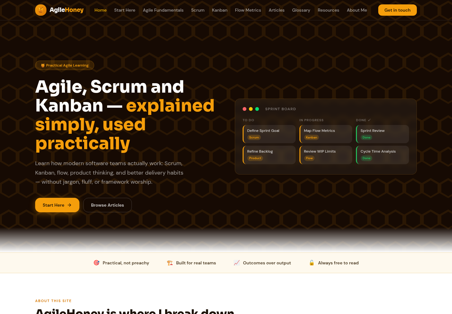 AgileHoney website displayed on screen