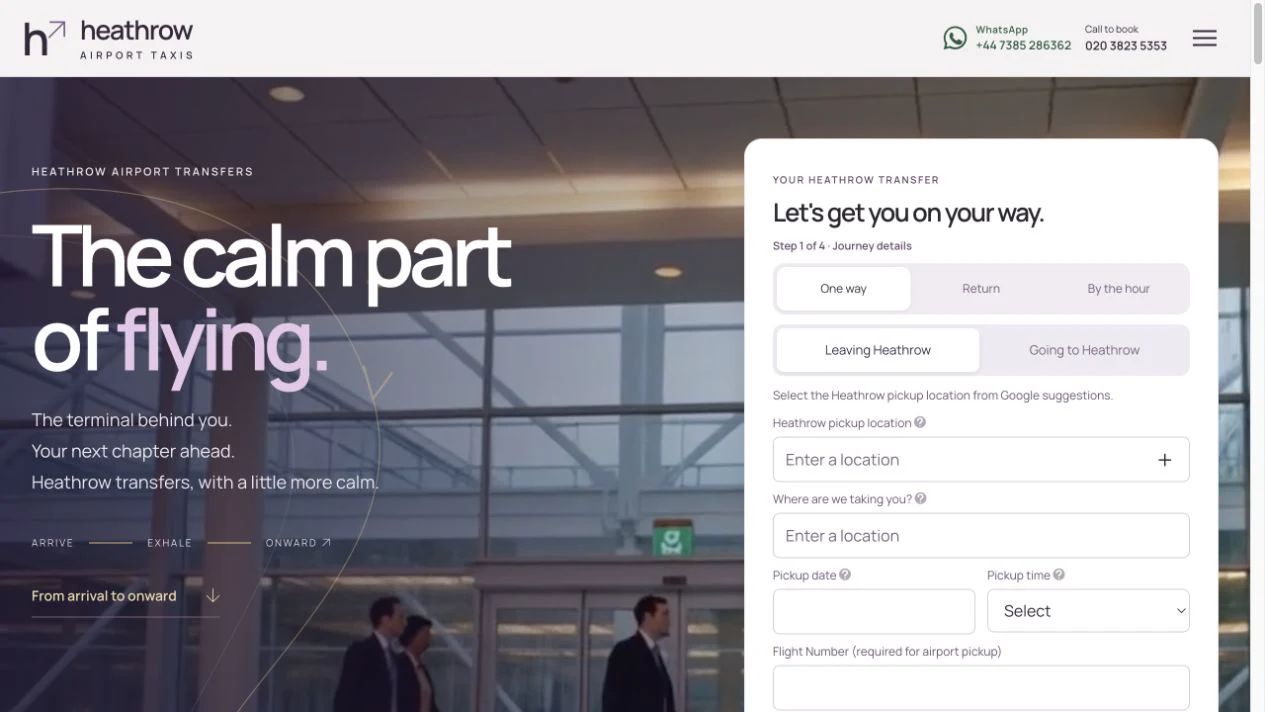 Heathrow Airports Taxi website showing its airport transfer booking form